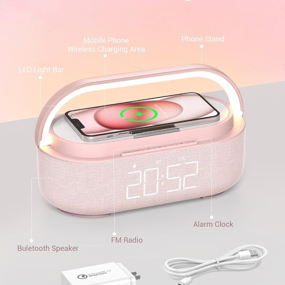 Bluetooth Speaker with Wireless Charger, FM Radio, Dimmable LED Night Light, Dua - Picture 5 of 8